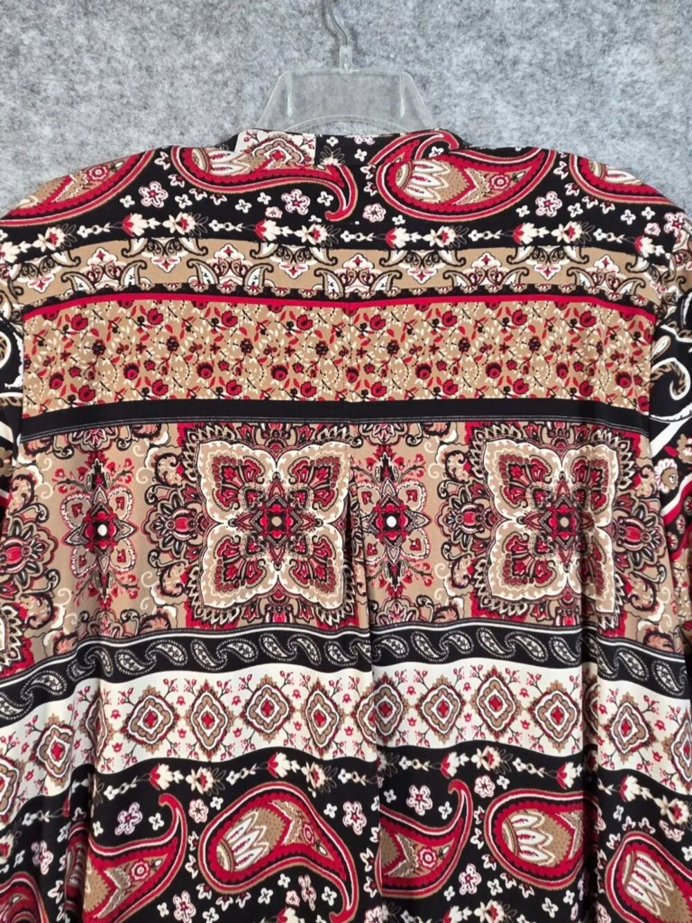 Cato Boho Paisley Medallion Blouse Red Black Tan V-Neck Tab Sleeve size 22/24